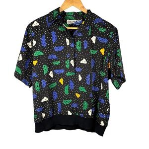 Alfred Dunner Vintage Abstract Polka Dot Blouse Black Short Sleeve Ribbed Hem 18